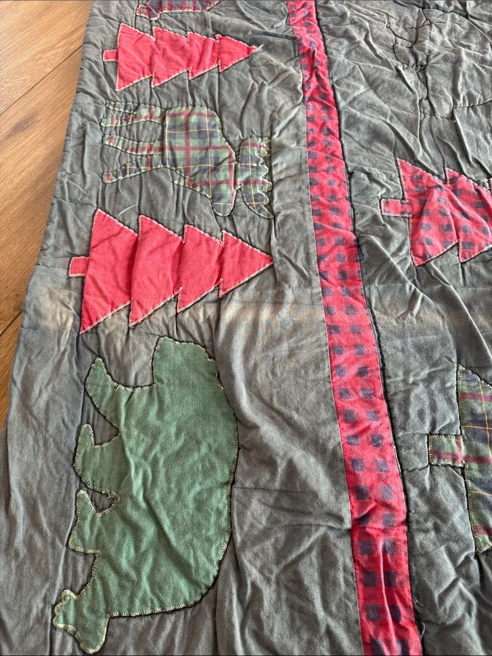 ♥️Rustic Navy Quilt Trees and Moose - shes tired, faded, worn BUT not done! ❤️